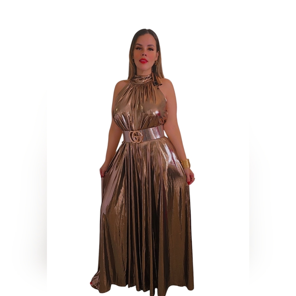 Elegant Metallic Gold Halter Dress